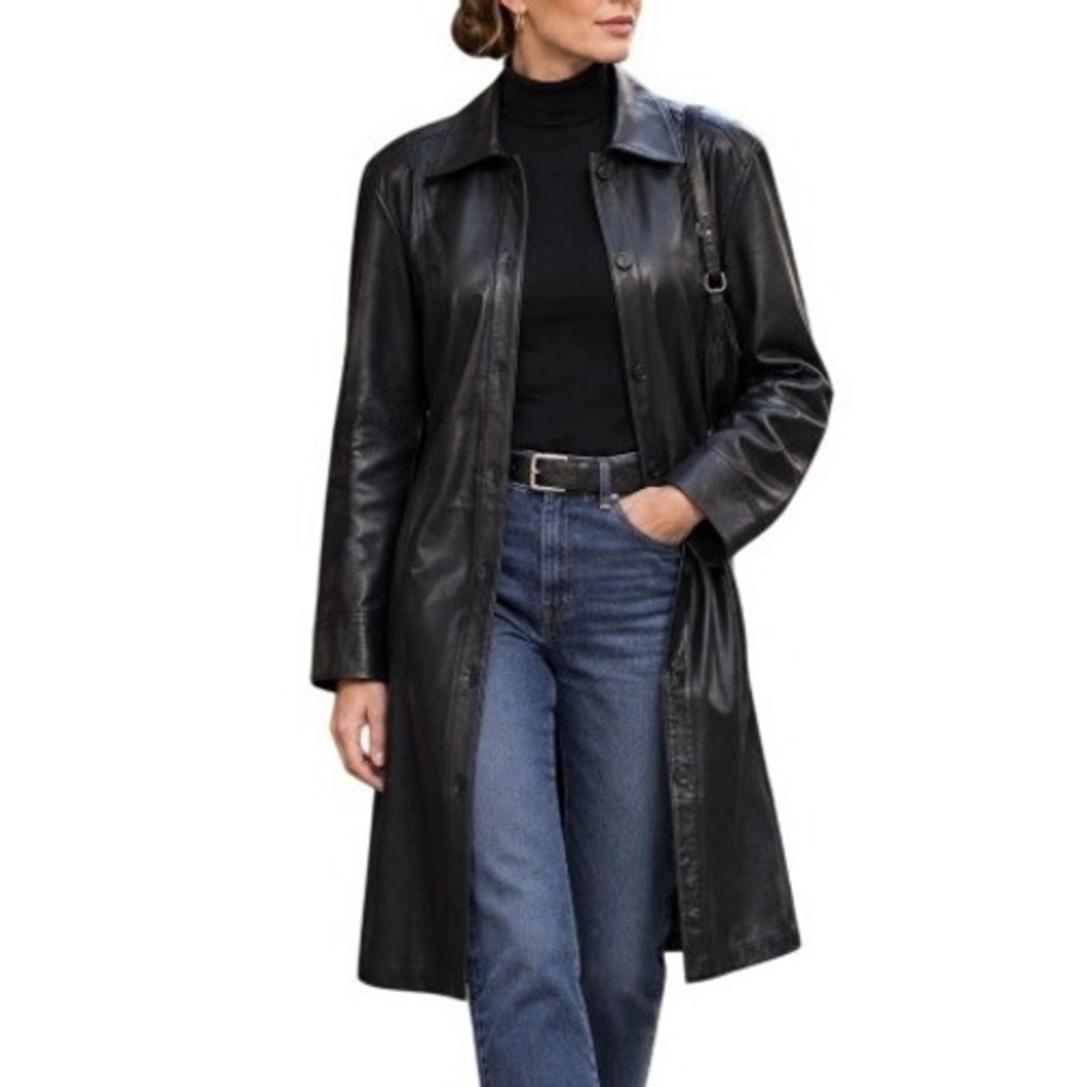 Abercrombie & Fitch Black Vegan Leather Longline Minimalist Trench Jacket XL